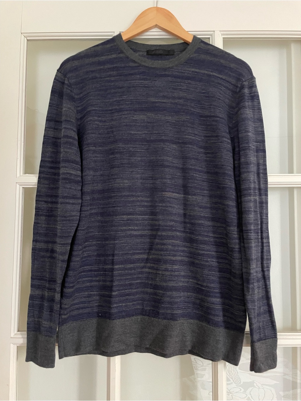 Raffi 100% merino wool extra fine crewneck marled knit sweater navy blue grey L